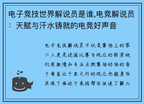 电子竞技世界解说员是谁,电竞解说员：天赋与汗水铸就的电竞好声音